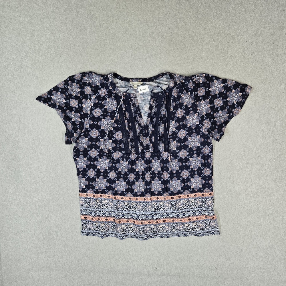 Lucky Brand Women Blouse XL Navy Paisley Boho Lace Scoop Neck Pullover